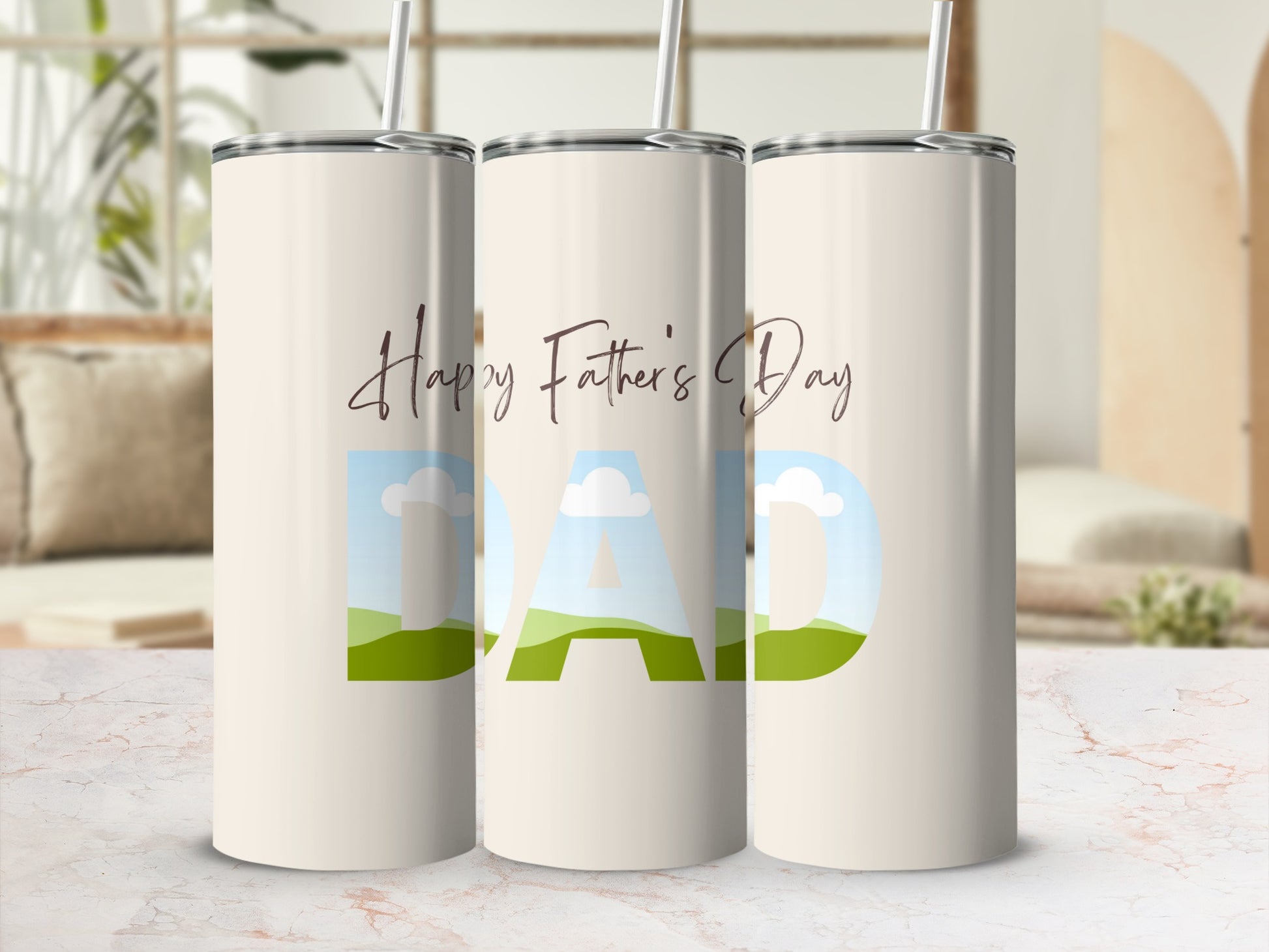 Three tumblers with "Happy Father's Day DAD" text and landscape designs.