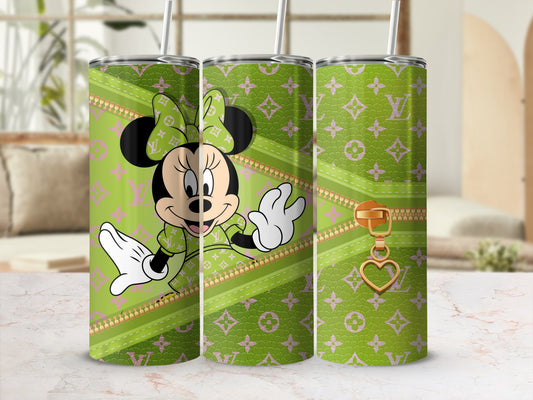 Minnie Mouse on green tumbler with monogram pattern and gold zipper detail.