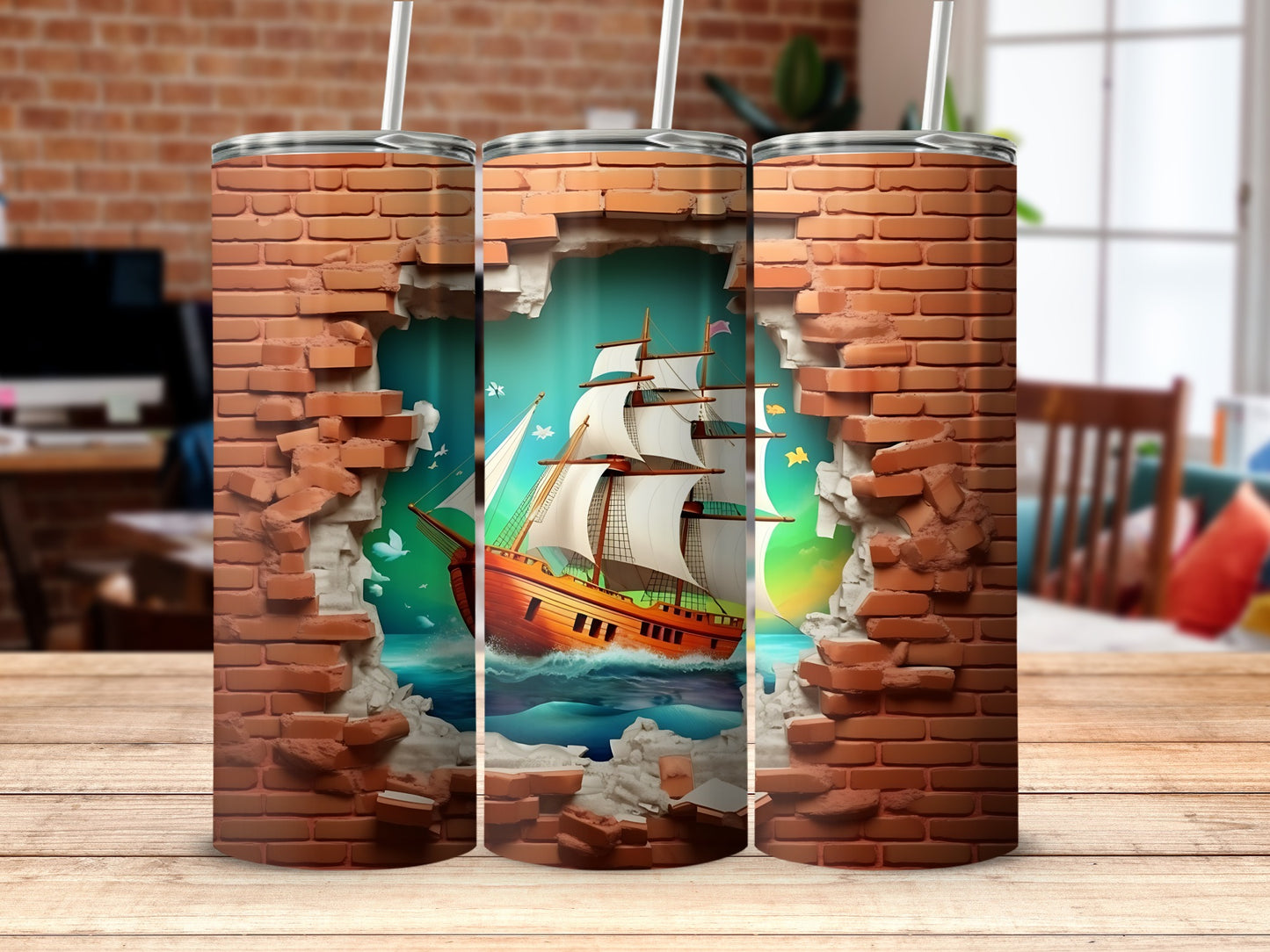 Ship and Ocean Mural within Brick Wall Tumbler