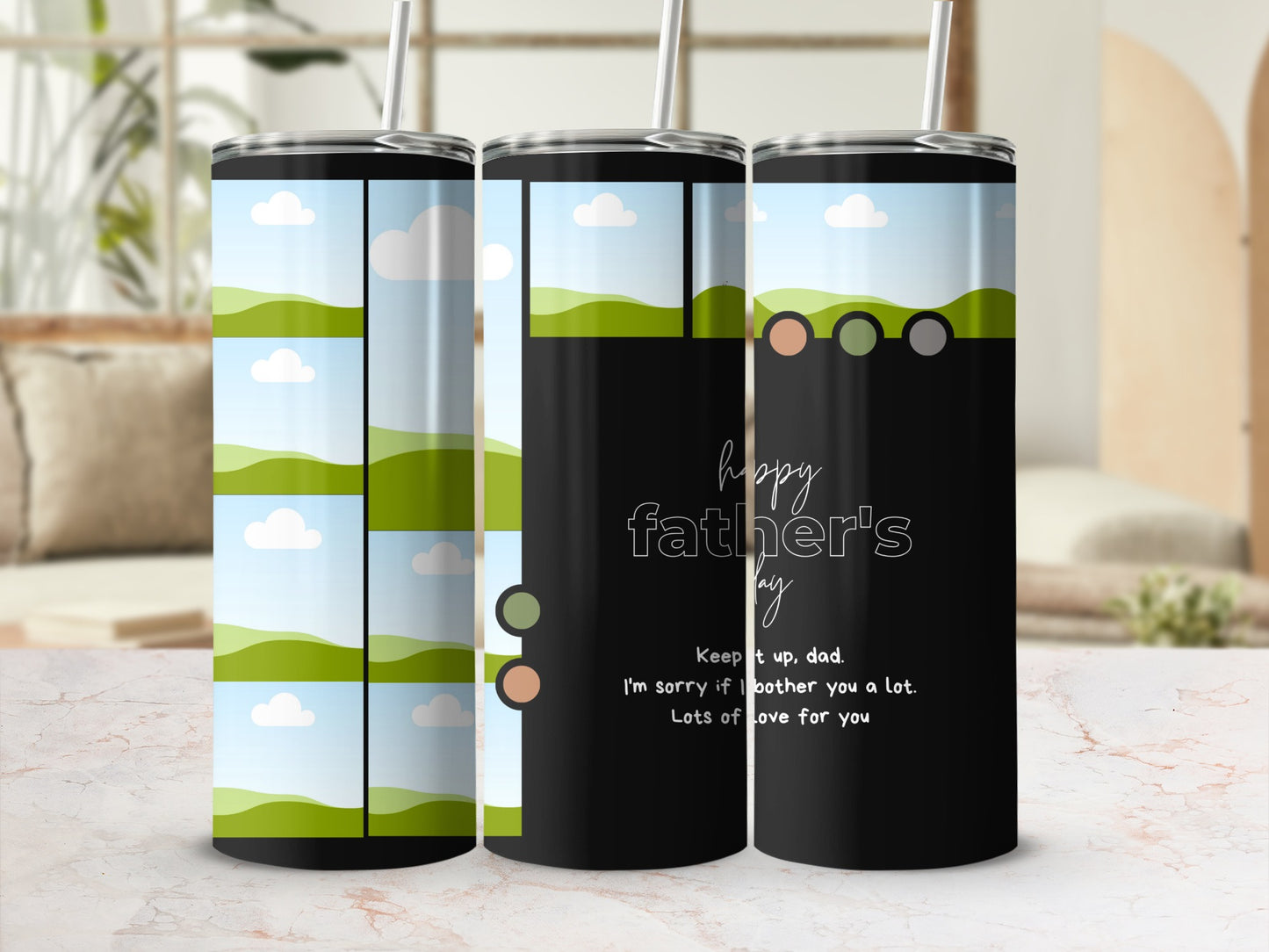 Black tumbler with "Happy Father's Day" text and landscape design.