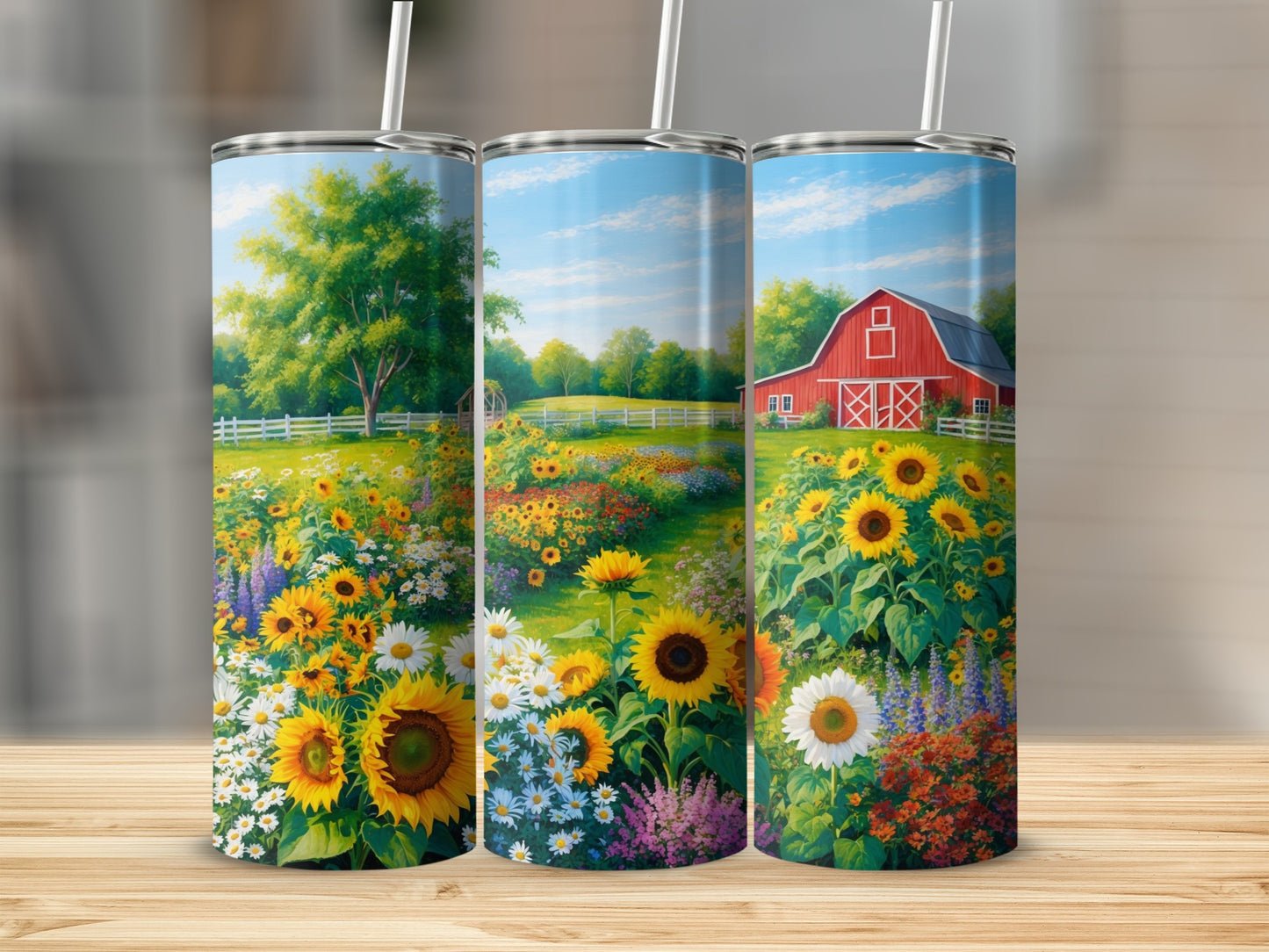 Three tumblers with a scenic farm and sunflower field design.