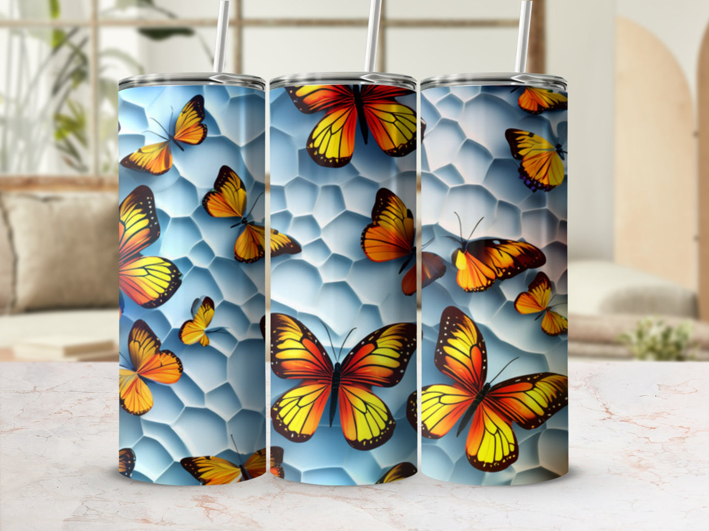 Tumbling butterflies in yellow and orange on a blue honeycomb background.