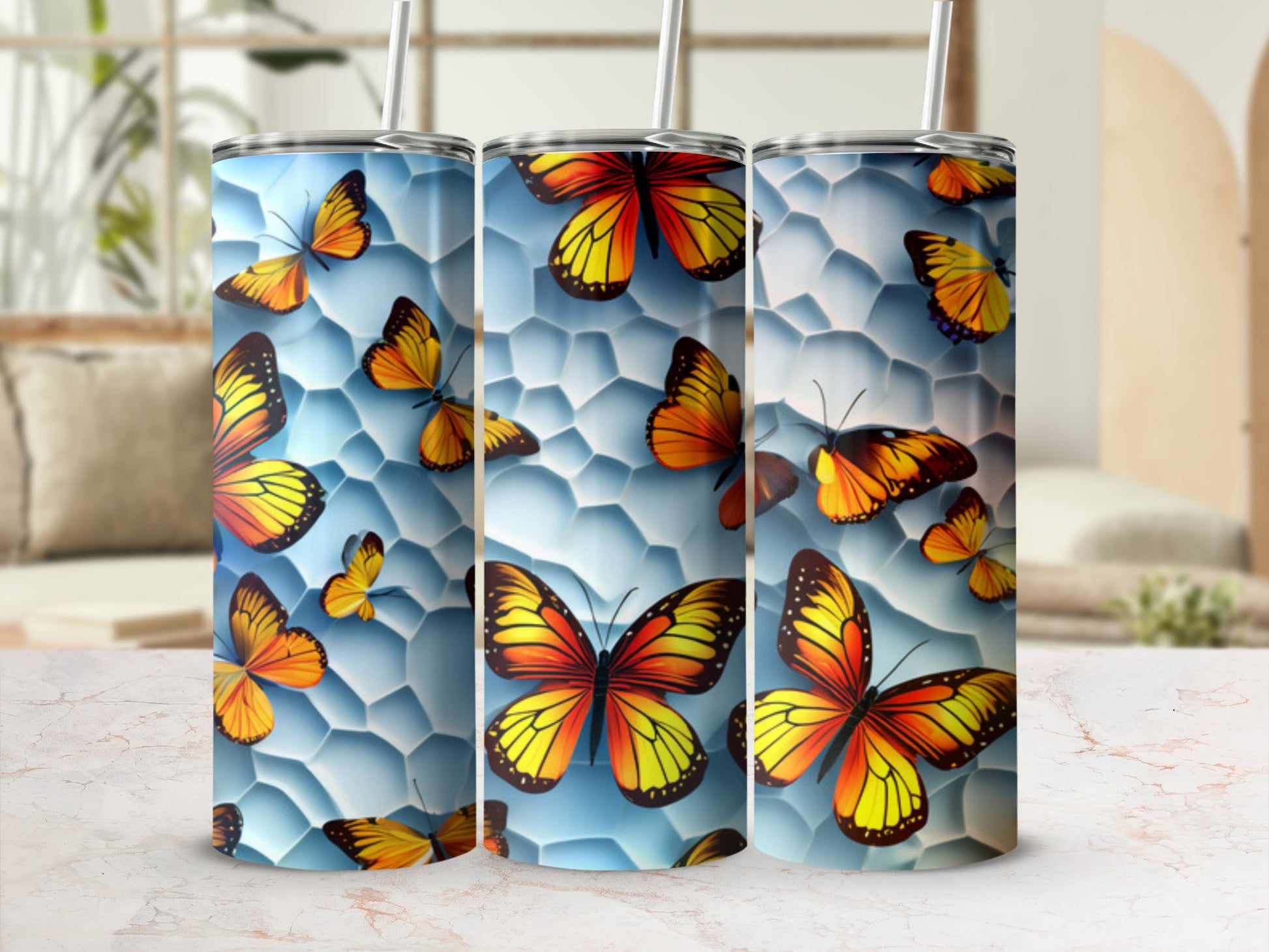 Tumbling butterflies in yellow and orange on a blue honeycomb background.