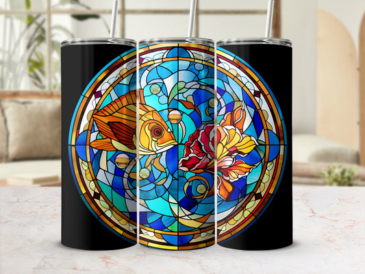 Two goldfish swimming within a stained glass circular design.