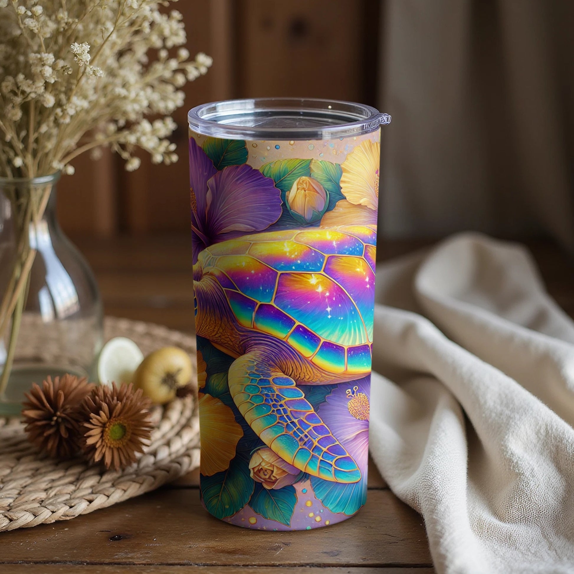 Colorful Turtle Floral Art Insulated Tumbler Cup