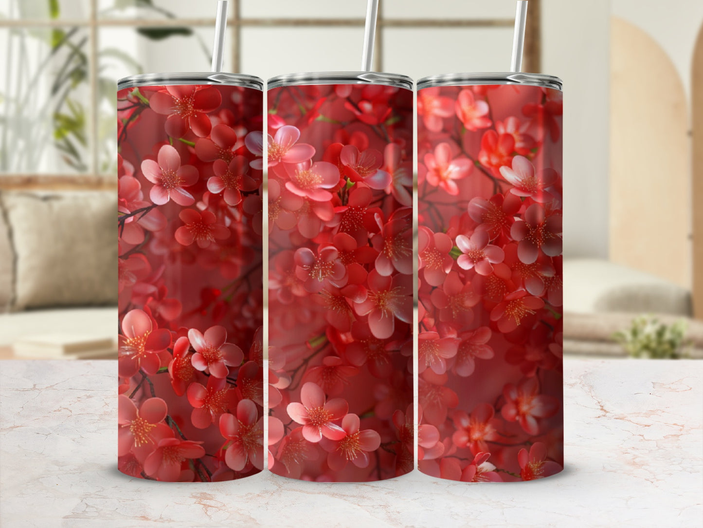 Three tumblers with a close-up coral floral pattern.