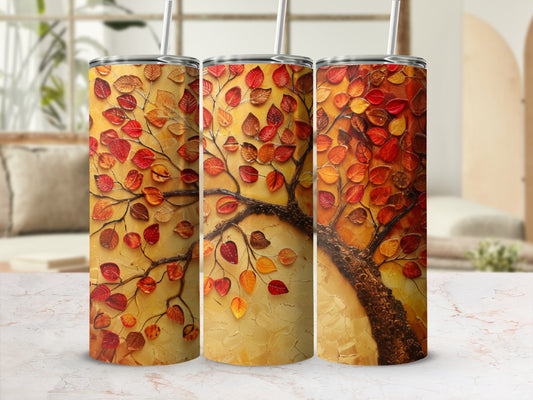 Three tumblers featuring a textured autumn tree with red and orange leaves.