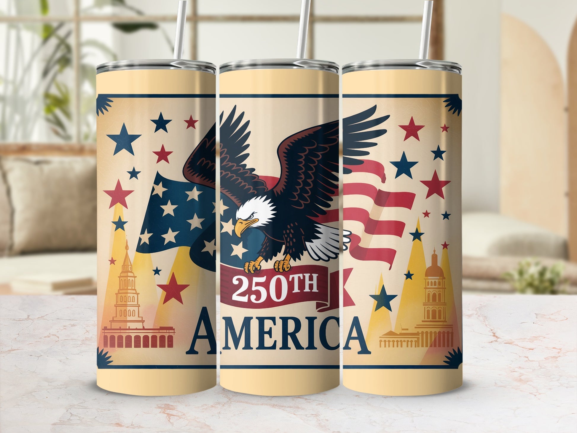 Triptych of tumblers with eagle, American flag, and "250th America" text.