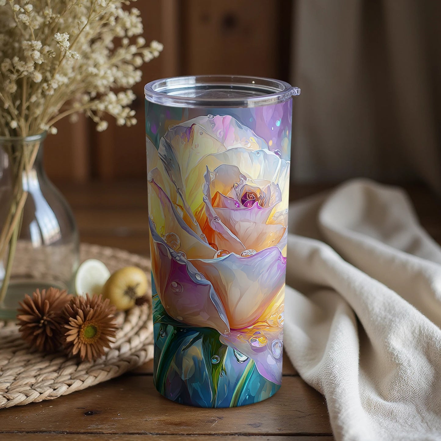 Vibrantly Colored Tumbler with Floral Design Artwork