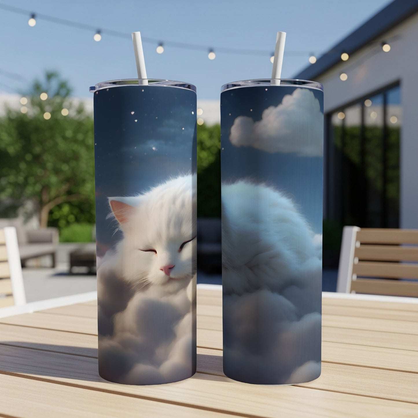 Two tumblers featuring a white cat sleeping peacefully on clouds under a starry sky.