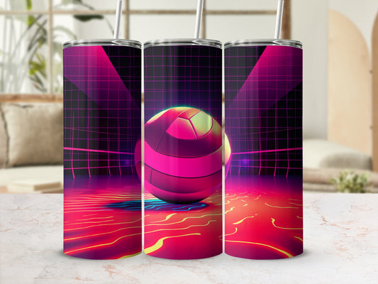 Neon volleyball with grid pattern and wavy lights on a desk.