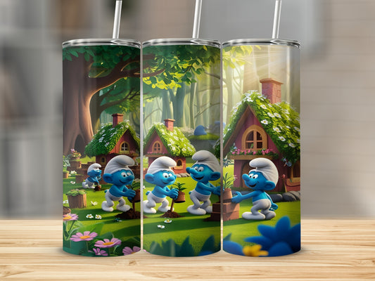 Three Smurfs tending to plants in front of gnome-like houses in a sunny forest.