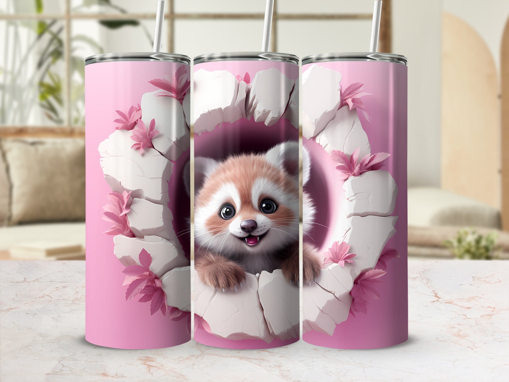 Adorable Raccoon Peeking Through Pink Flowers Tumbler