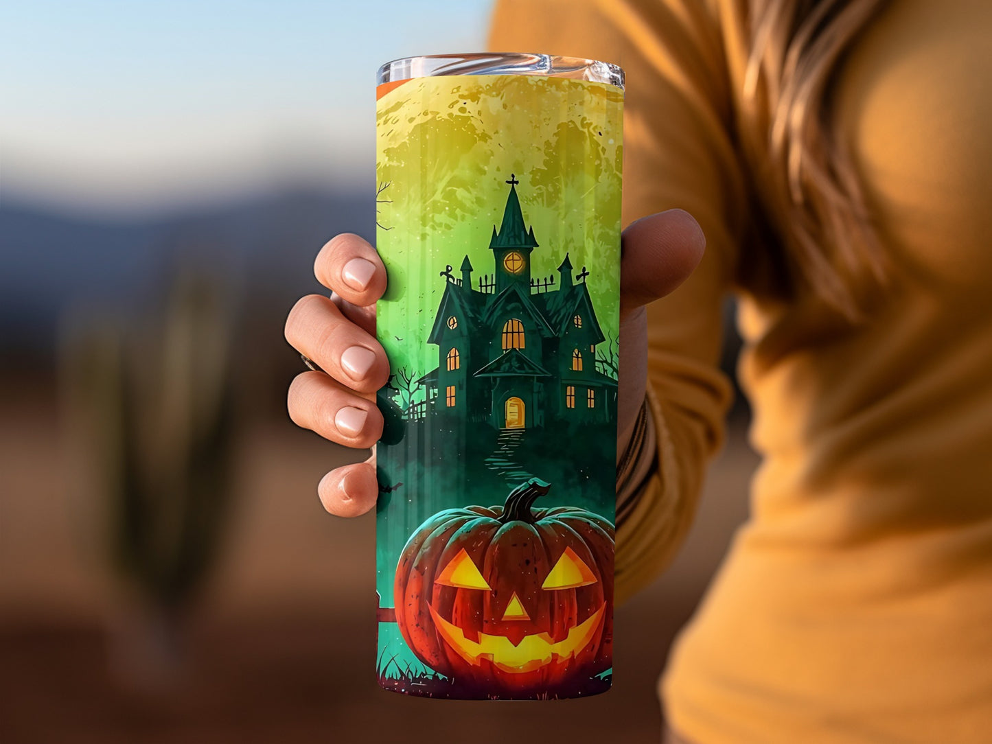 Spooky Haunted House and Pumpkin Design Tumbler