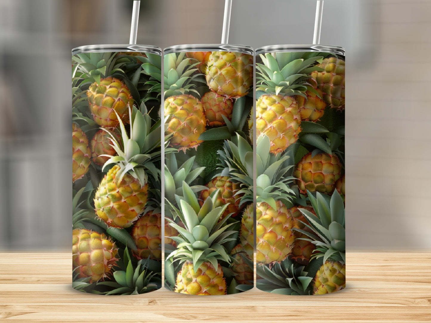 Three tumblers featuring a repeating pattern of ripe pineapples.