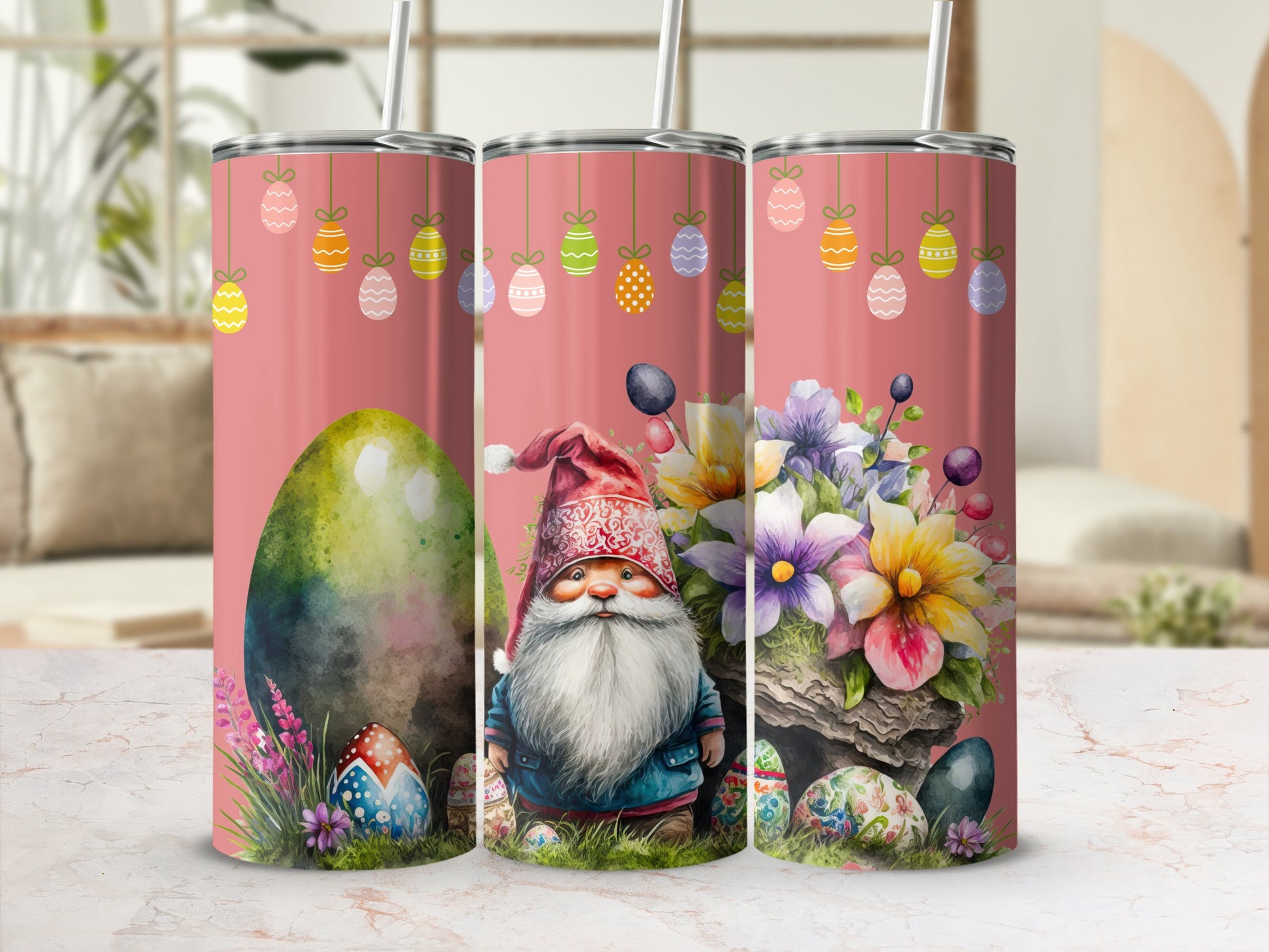 Easter Gnome and Eggs Design Insulated Tumbler Cup
