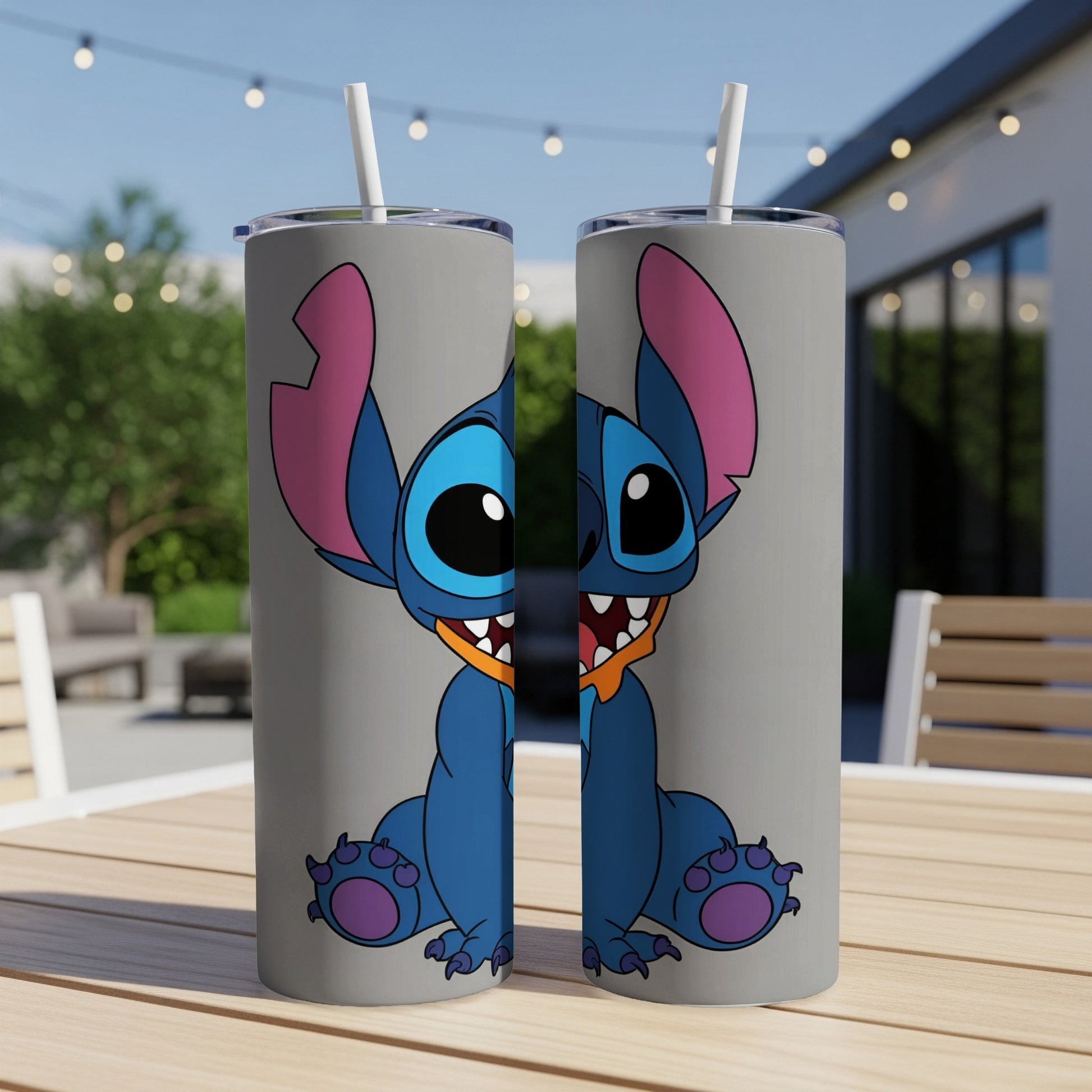 Two tumblers featuring Stitch from Lilo and Stitch on a table.