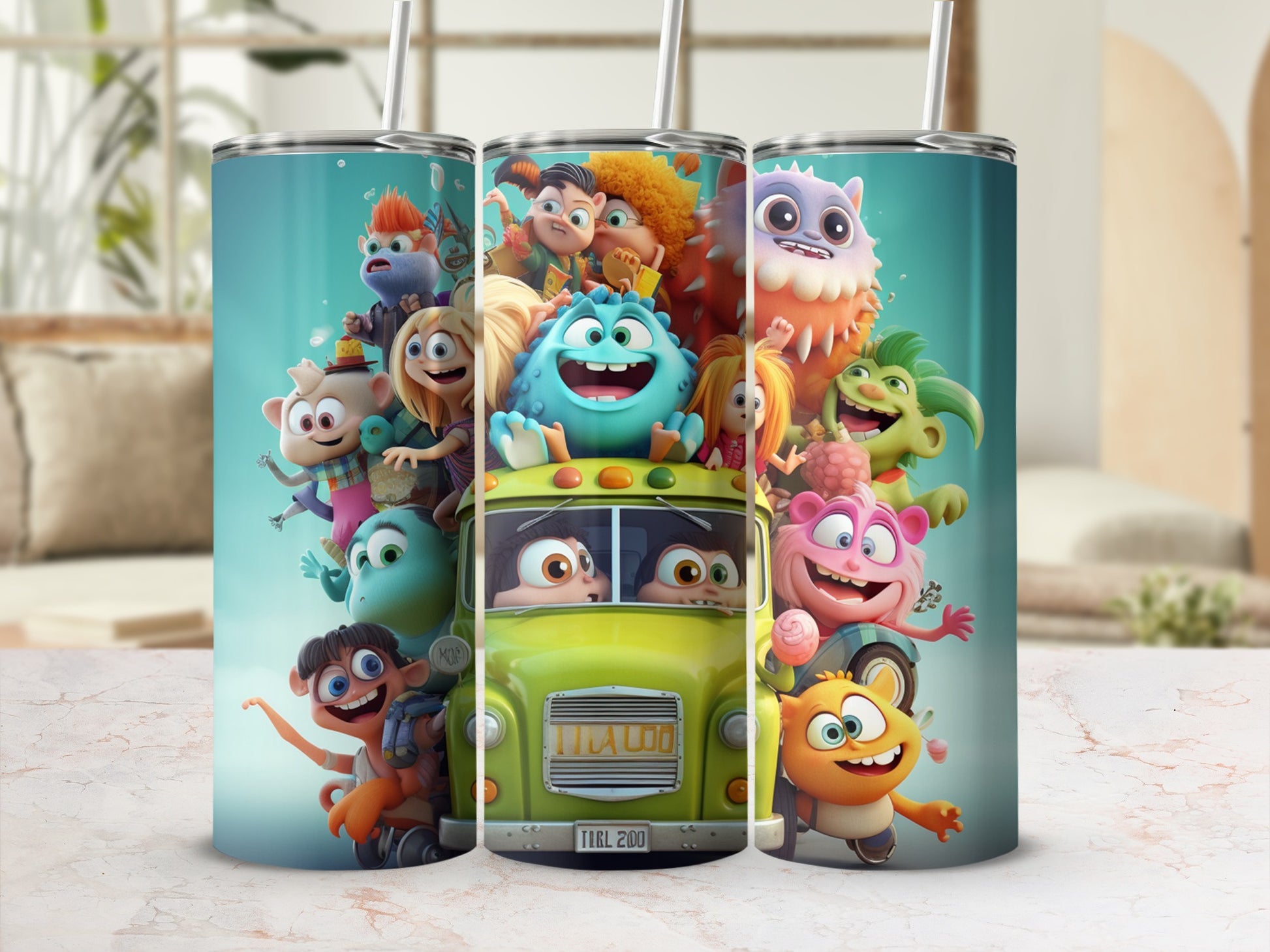 Three tumblers decorated with cartoon monsters riding a lime green bus.