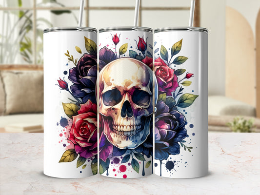 White tumbler with skull and roses design.