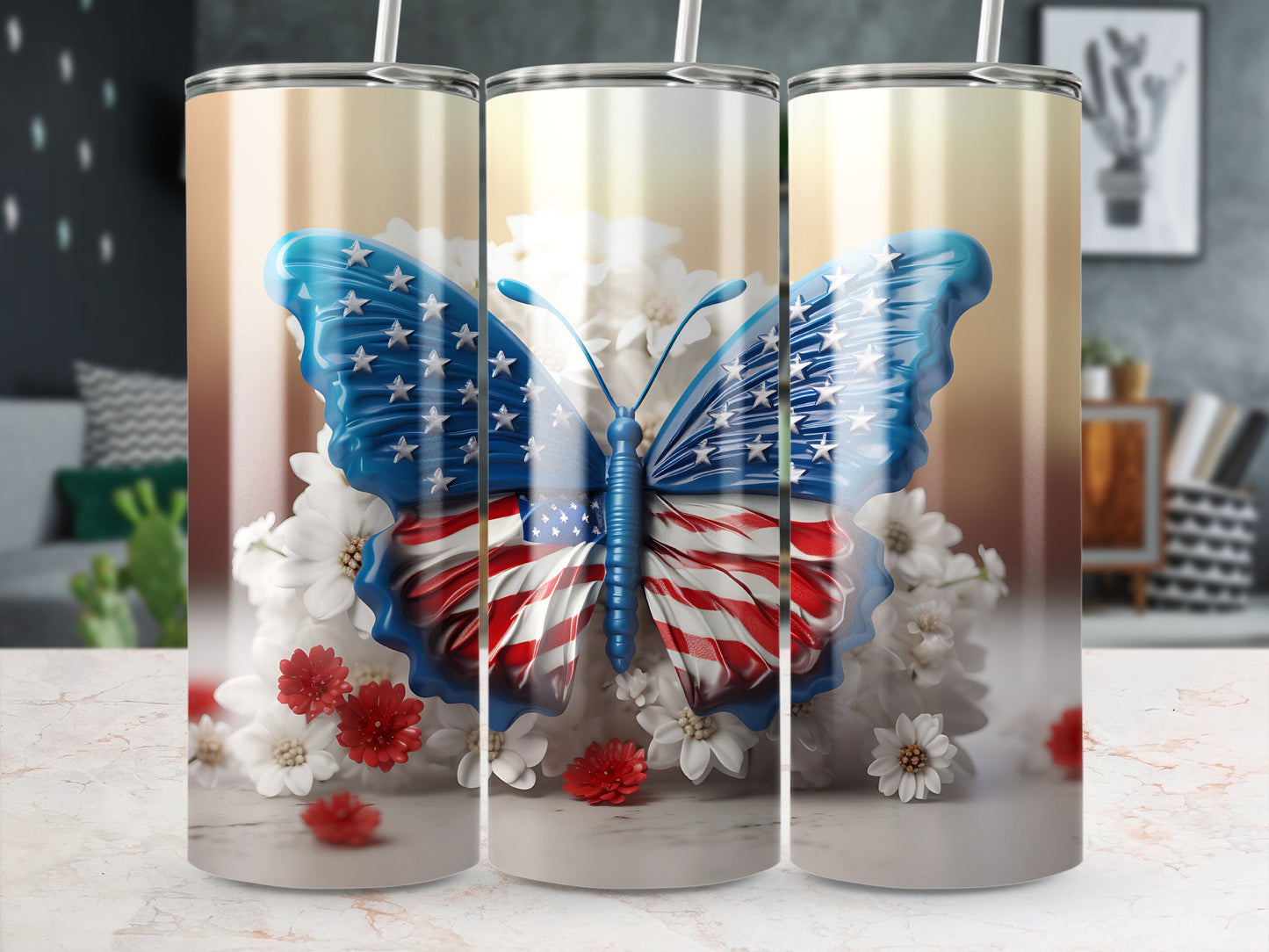 Butterfly with American flag wings on a floral background.
