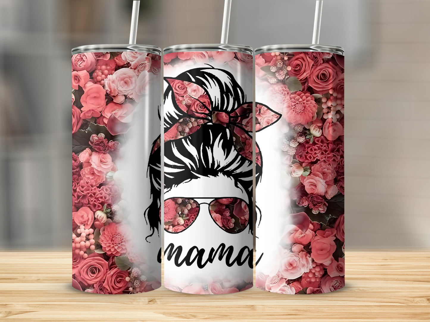Floral Design Mama Tumbler with Straw