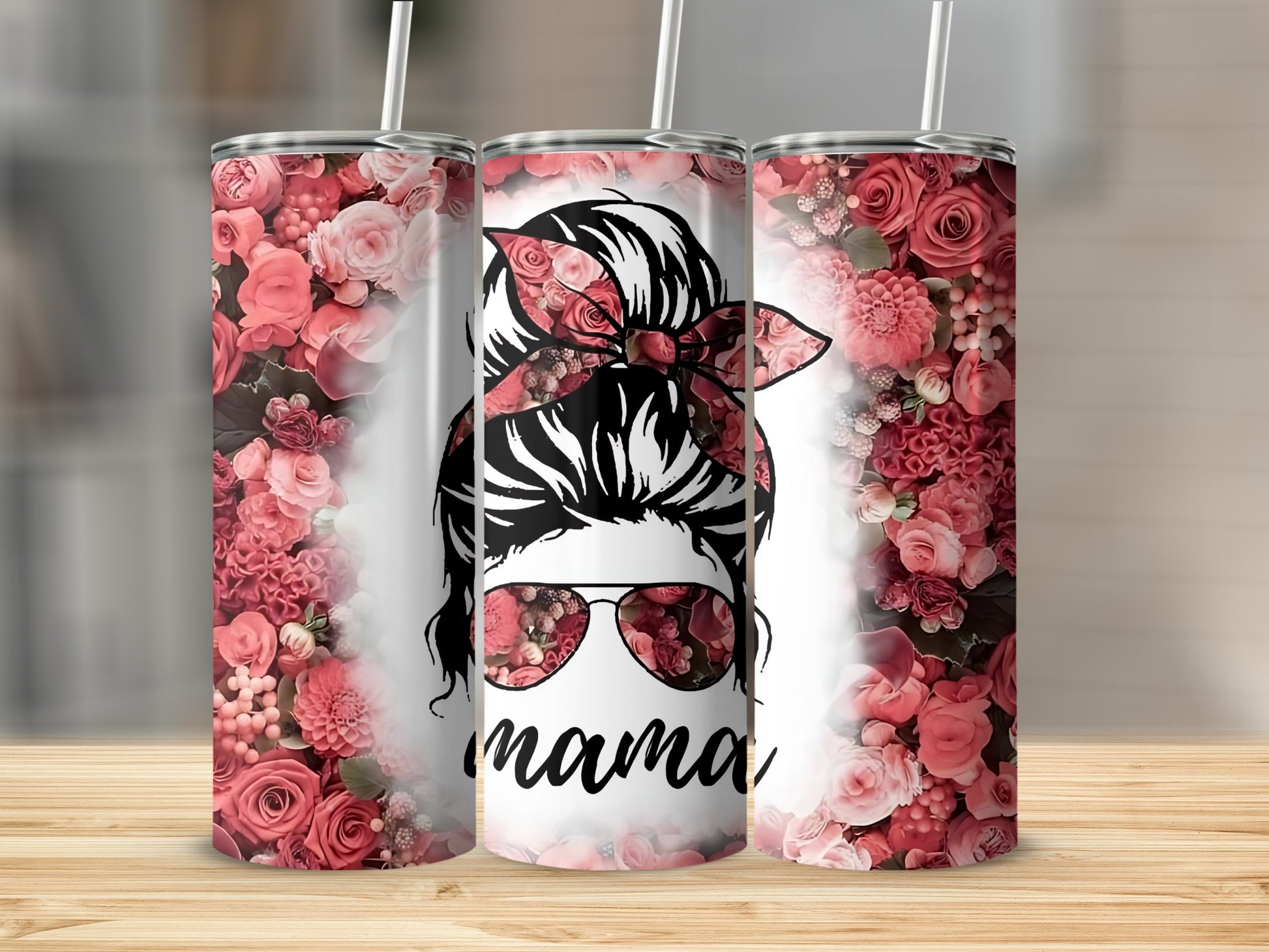 Floral Design Mama Tumbler with Straw