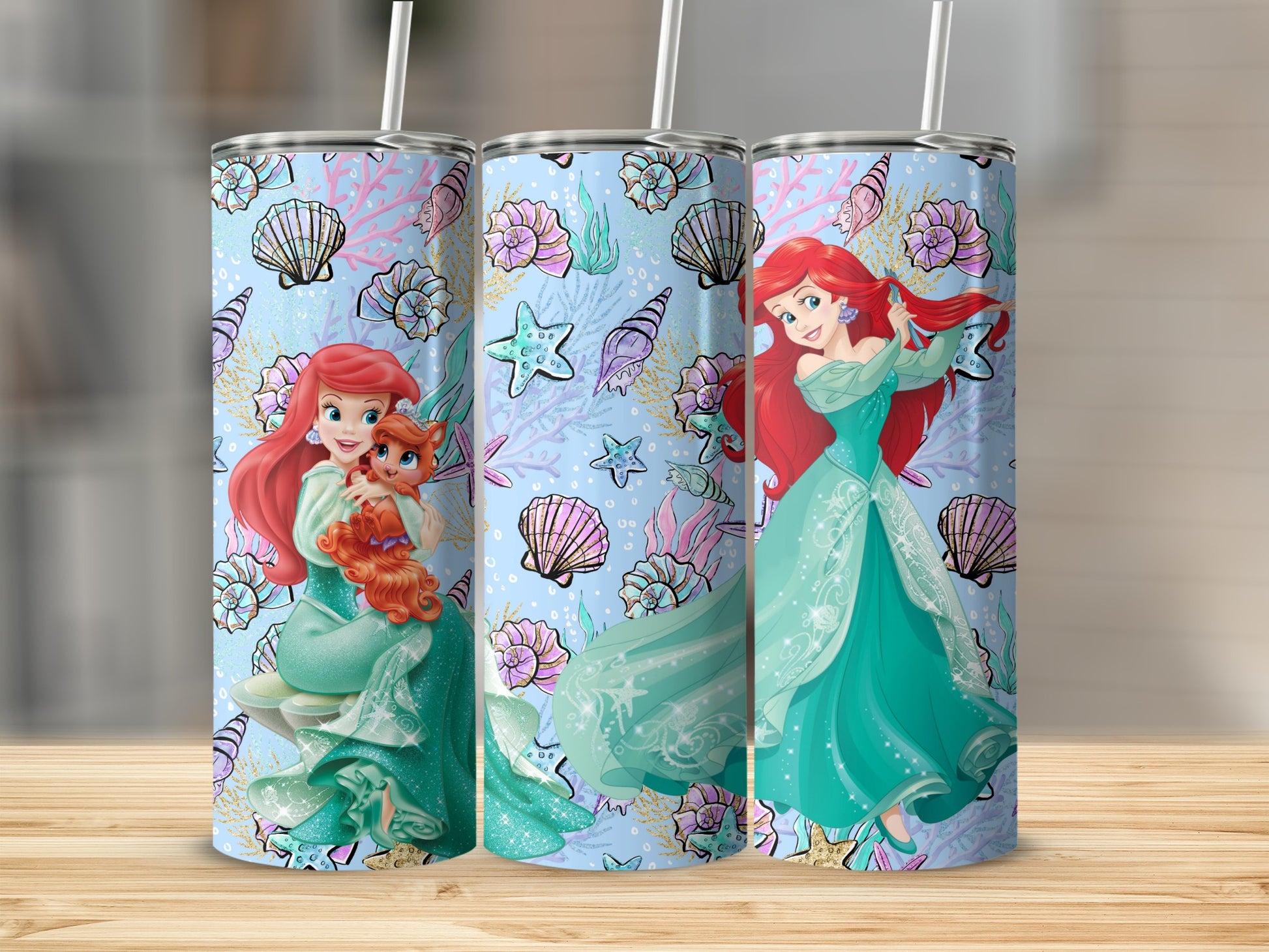 Little Mermaid Themed Tumbler with Straw Beverage Cup