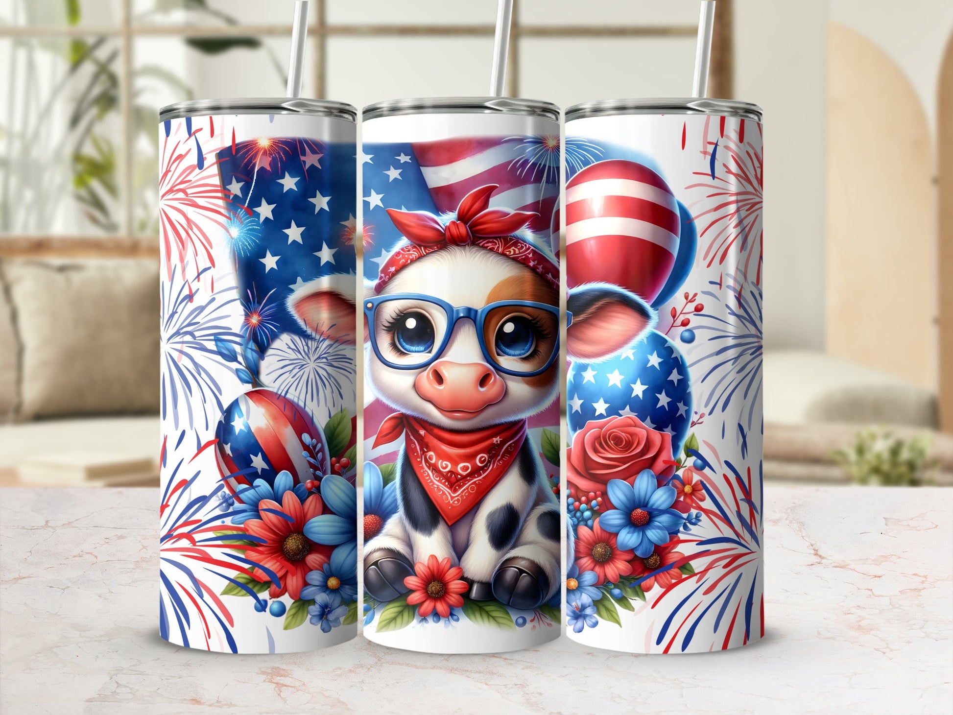 Cute cow with glasses and bandana, patriotic stars, balloons, and flowers.