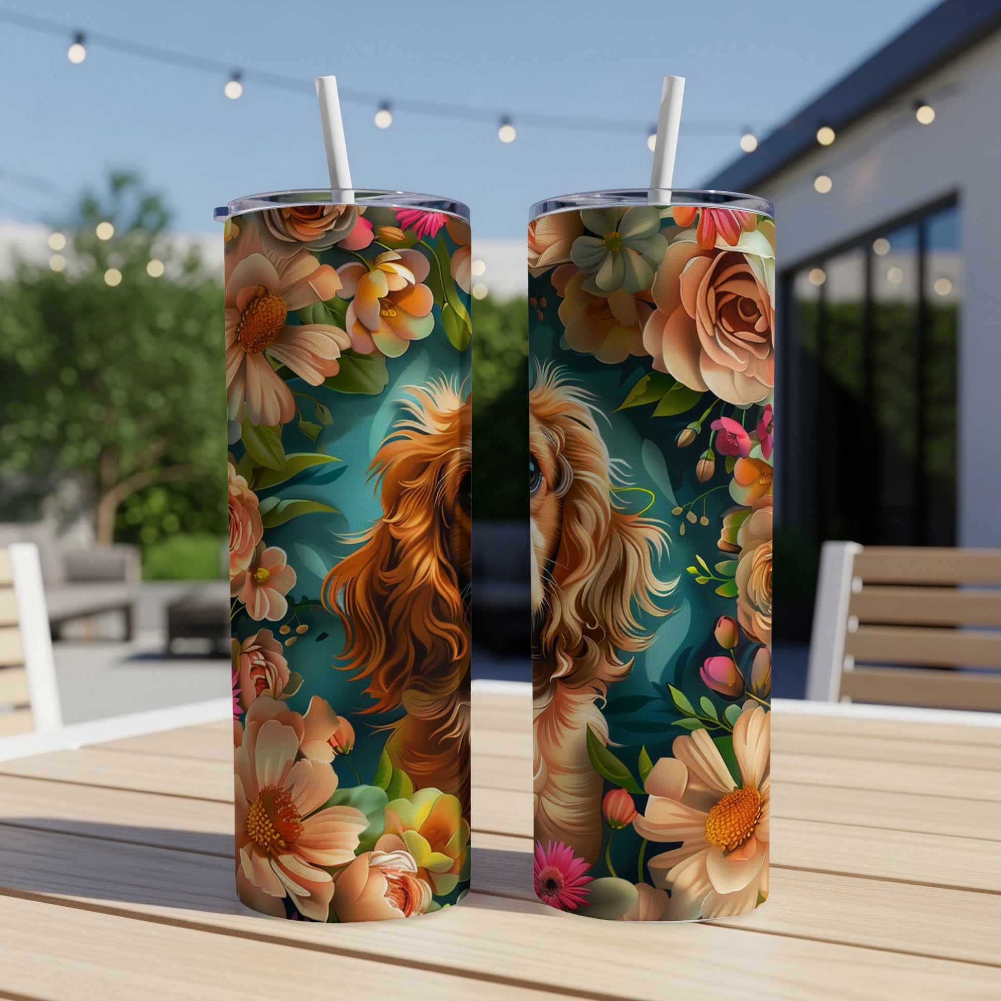 Two tumblers with a dog's face surrounded by colorful floral patterns.