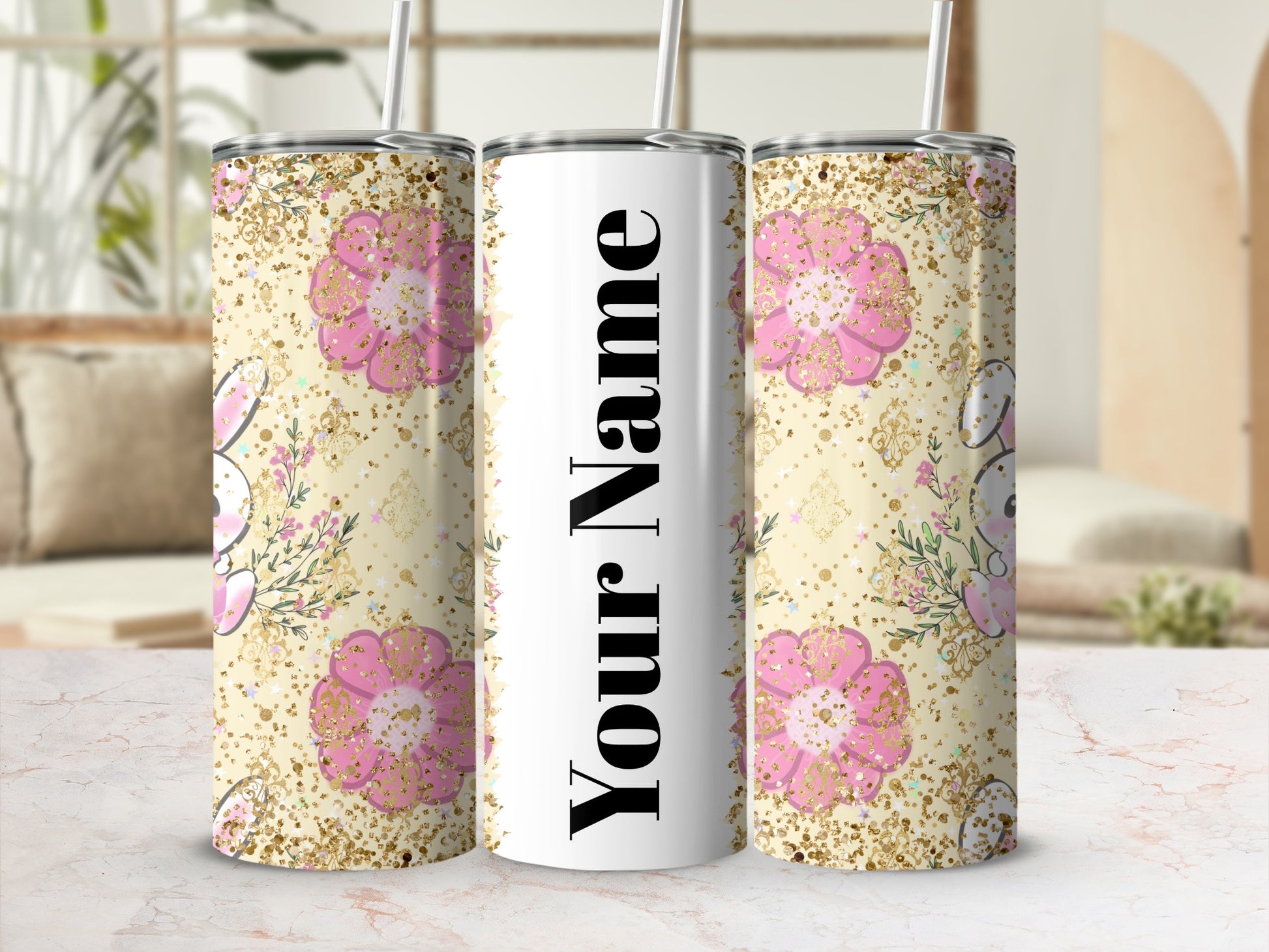 Customizable Glitter Floral Design Tumbler Drinkware