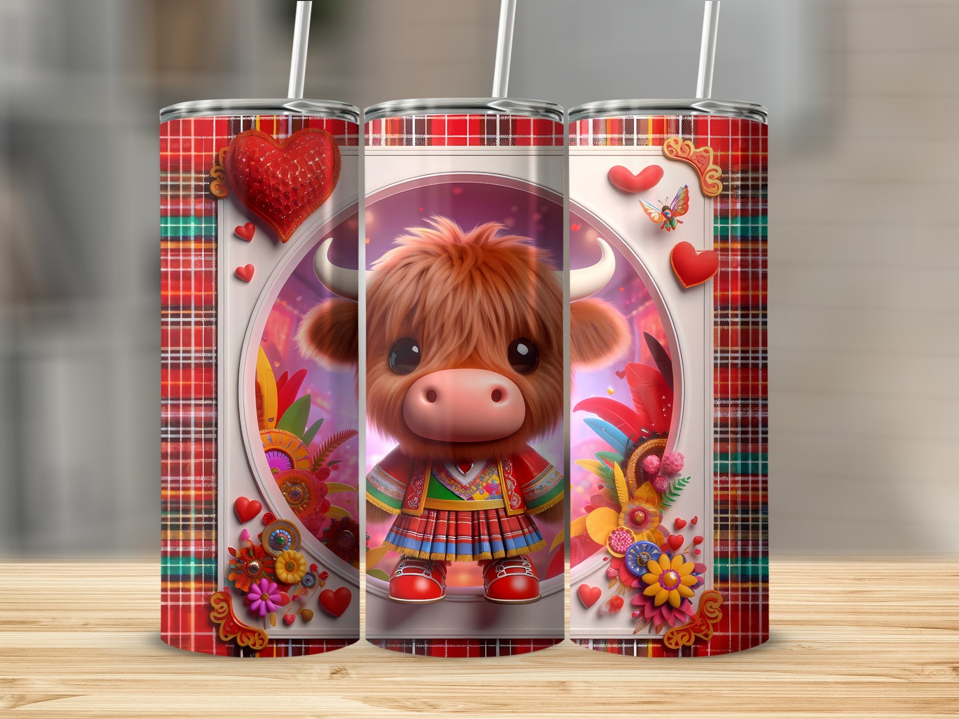 Cute highland cow in festive outfit with Valentine's Day decorations.