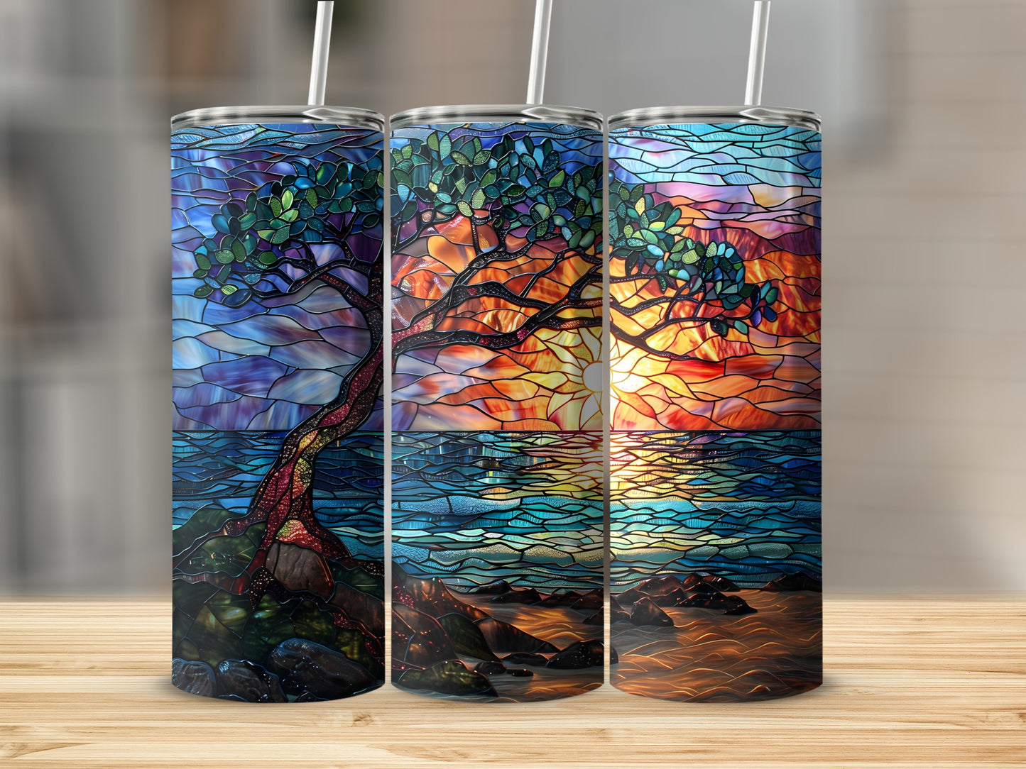 Three tumblers with stained glass sunset ocean scenes.