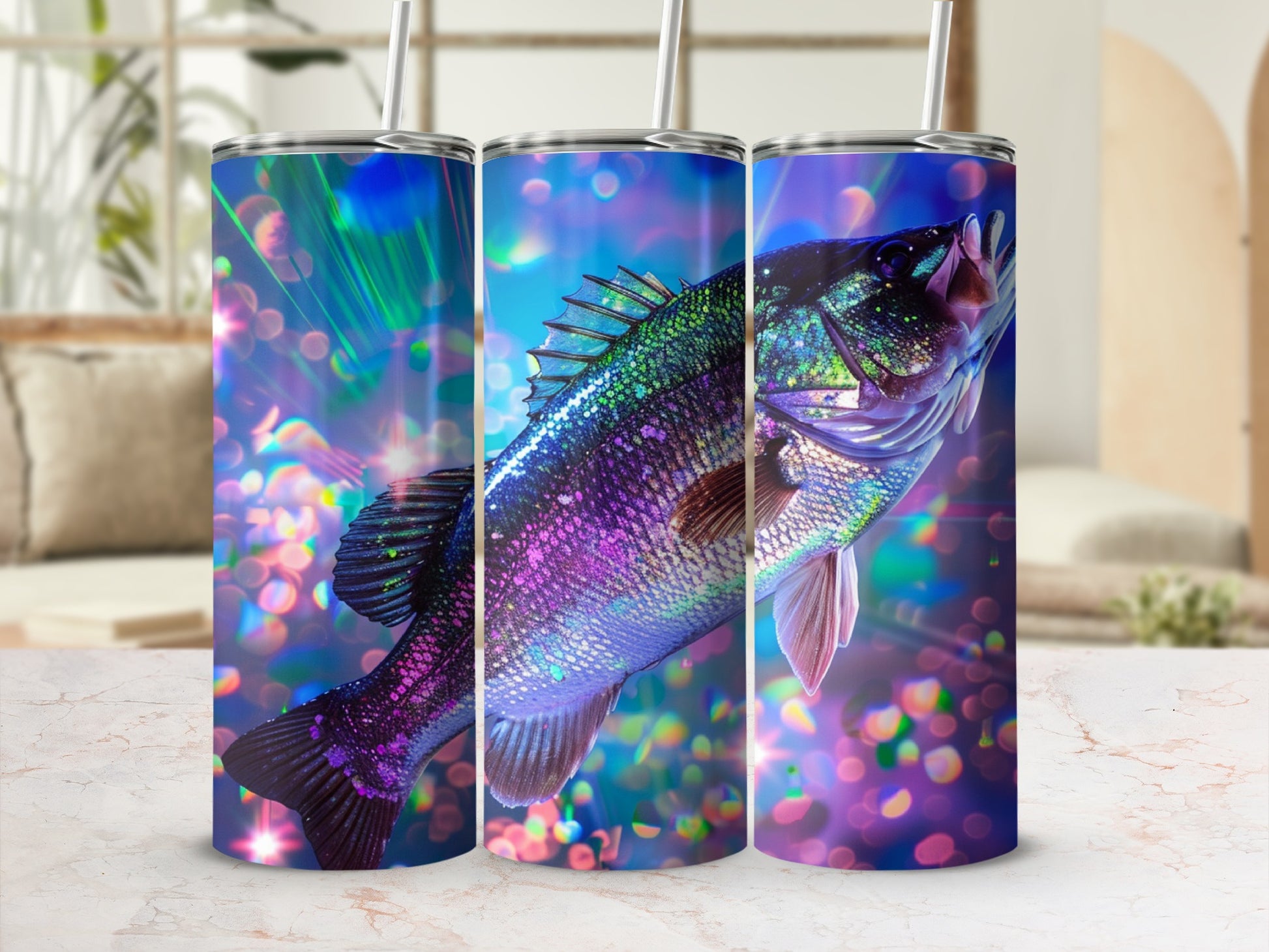 Triptych of a largemouth bass with colorful, bokeh lighting.