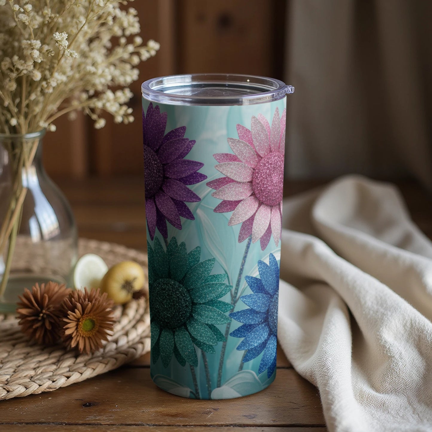 Colorful Glitter Flower Design Insulated Drink Tumbler