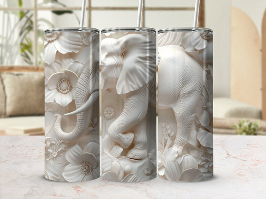 Three white relief tumblers with an elephant and floral design.