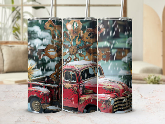 Red vintage truck with snow and snowflake design on a tumbler.
