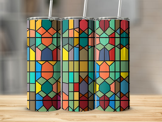 Three tumblers with stained glass geometric patterns in various colors.