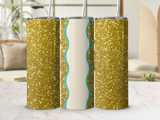 Three gold glitter tumblers with teal wavy accents on a marbled surface.