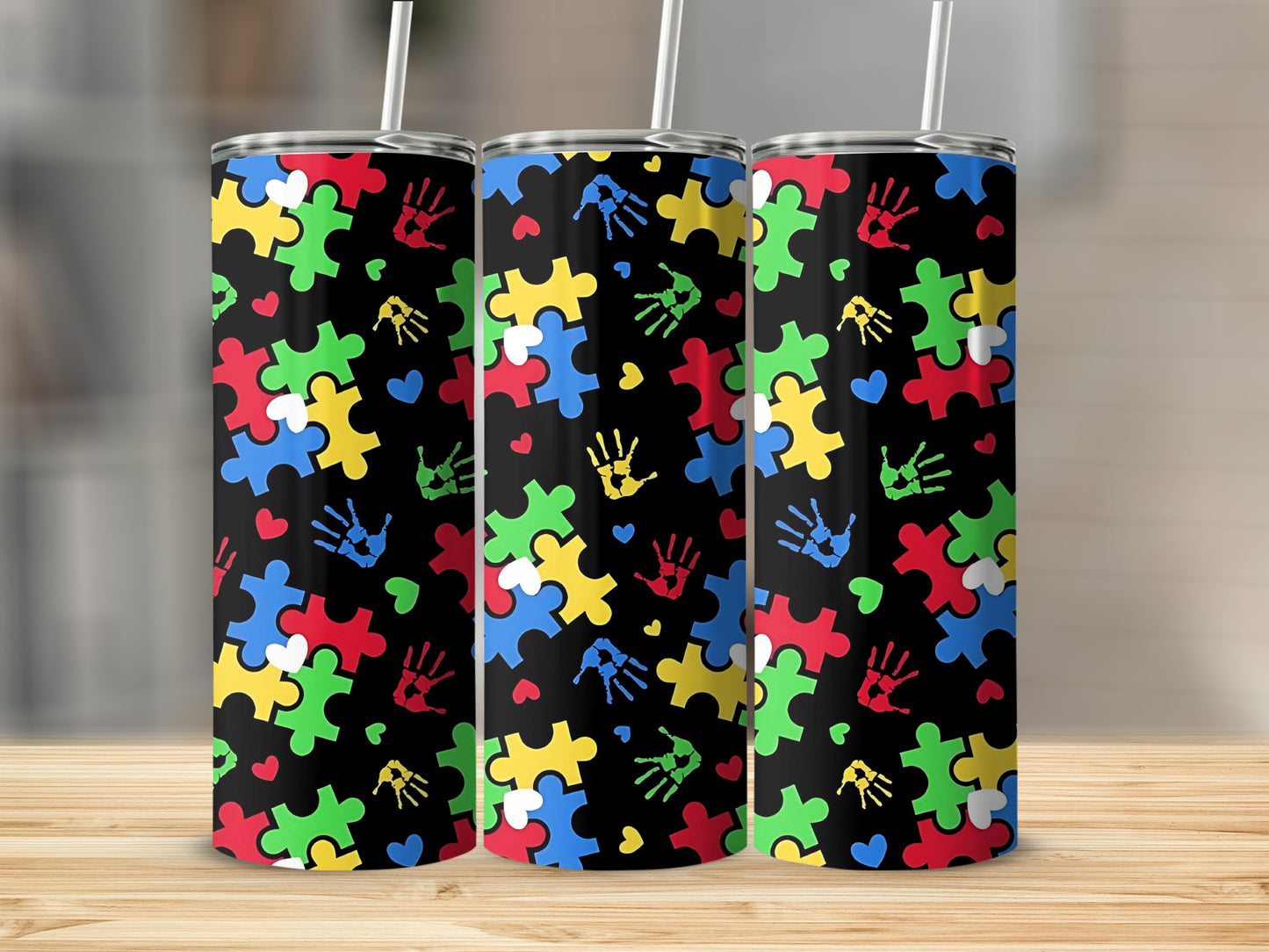Colorful Puzzle Pieces and Handprints Tumbler