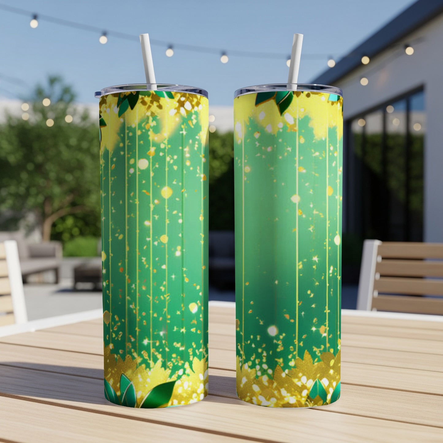 Green gradient tumbler with gold speckled accents and leaf design.