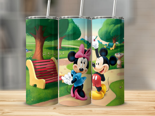 Minnie and Mickey Mouse on tumblers in a park setting.