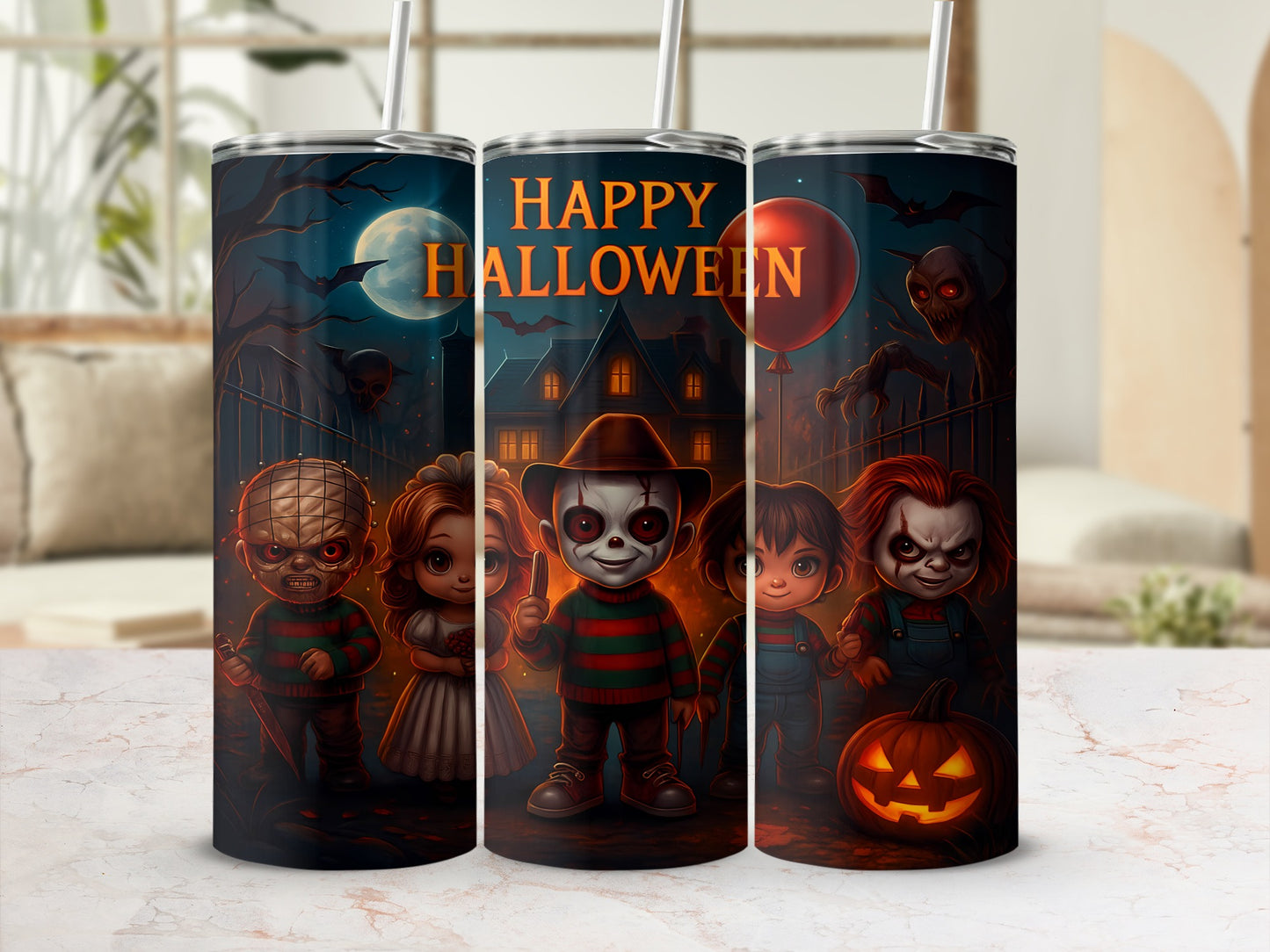 Tumblers with "Happy Halloween" text and horror characters: Freddy, Chucky, and Pennywise.