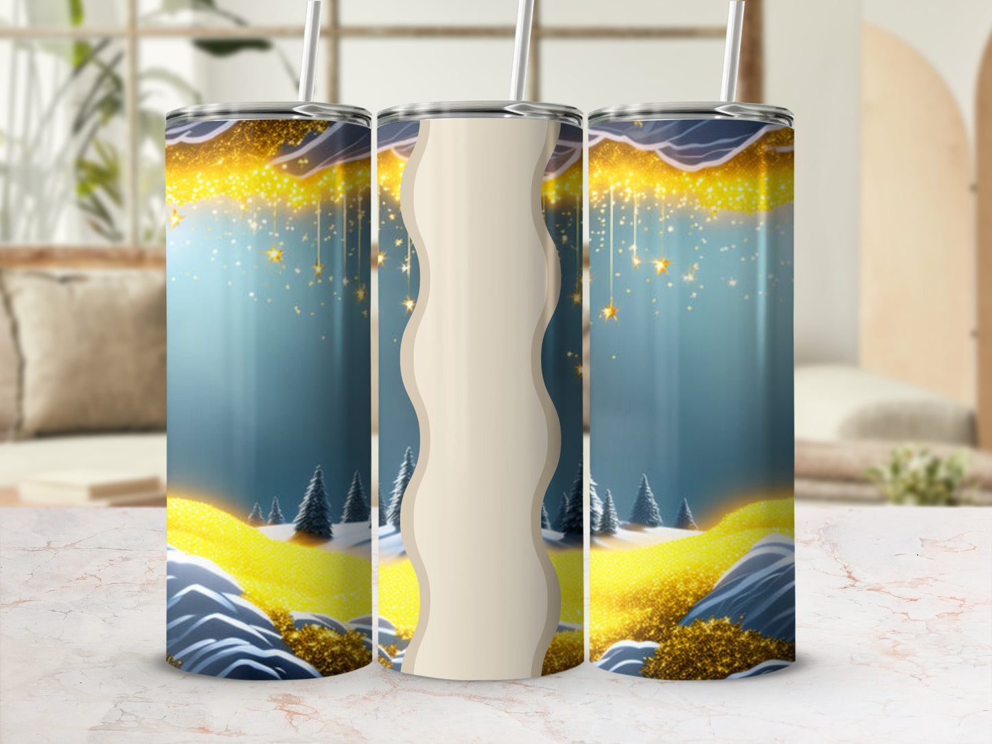 Three tumblers with a winter forest and starry sky design.