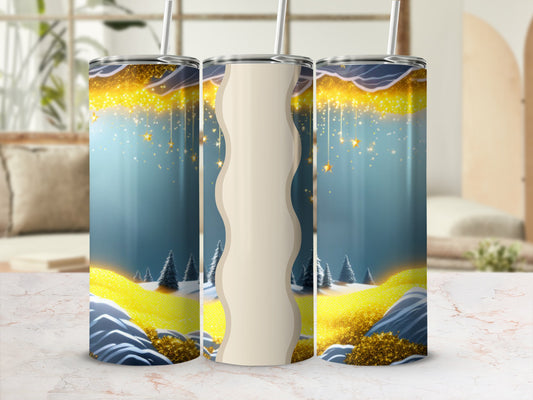 Three tumblers with a winter forest and starry sky design.