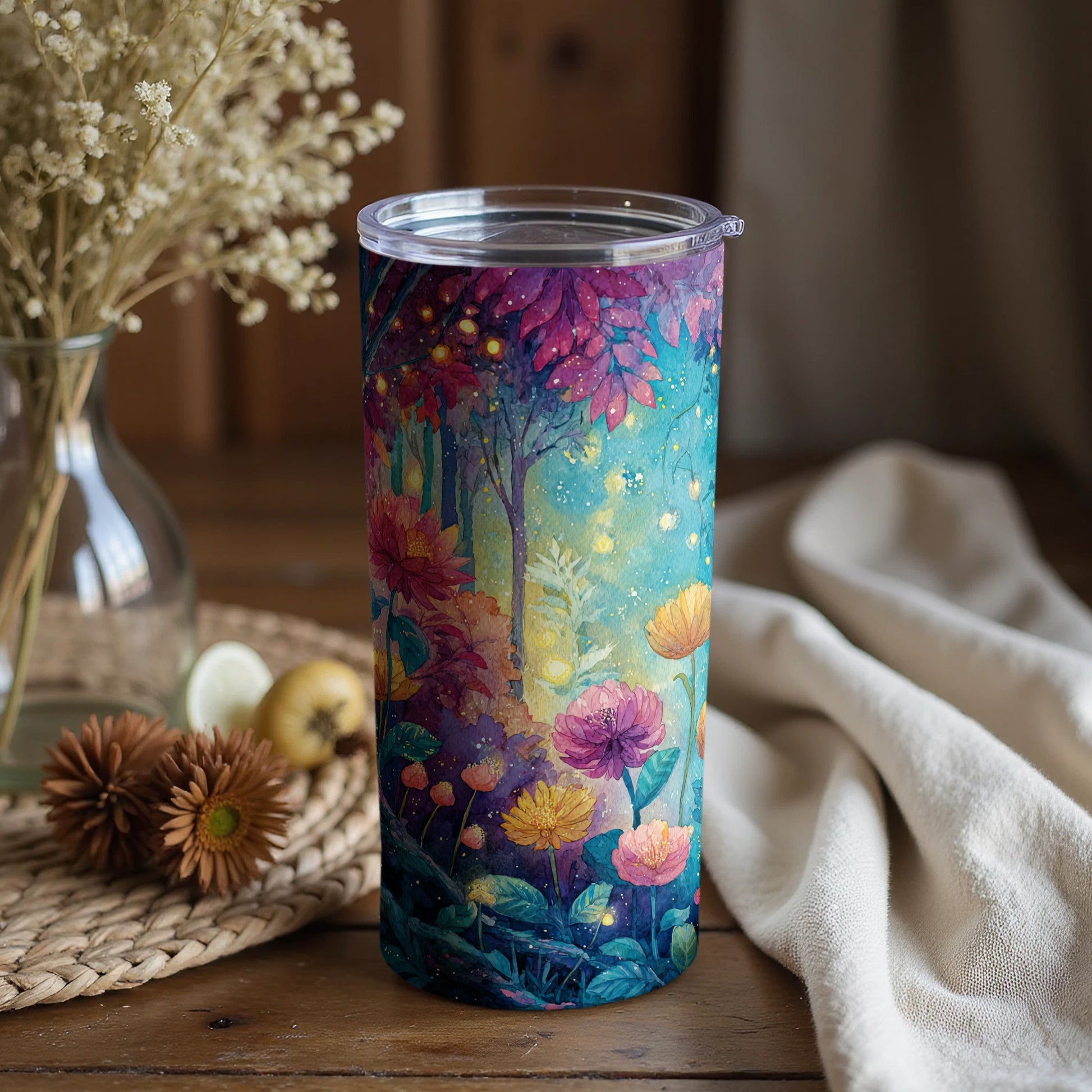 Vibrant forest and flowers art on colorful tumbler