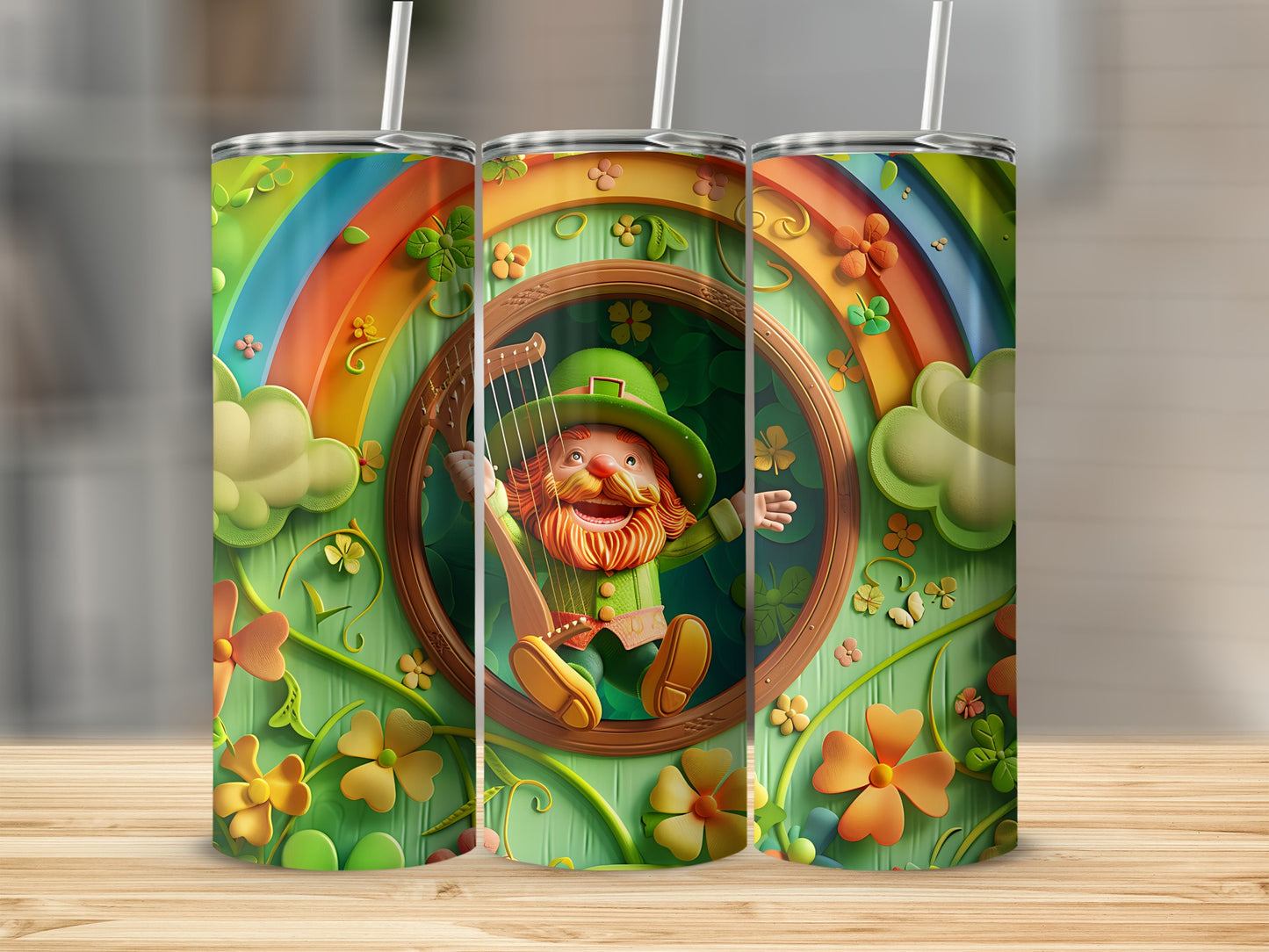 Leprechaun playing a harp inside a rainbow archway with shamrocks.