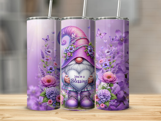 Purple Gnome with Flowers and Butterflies Tumbler