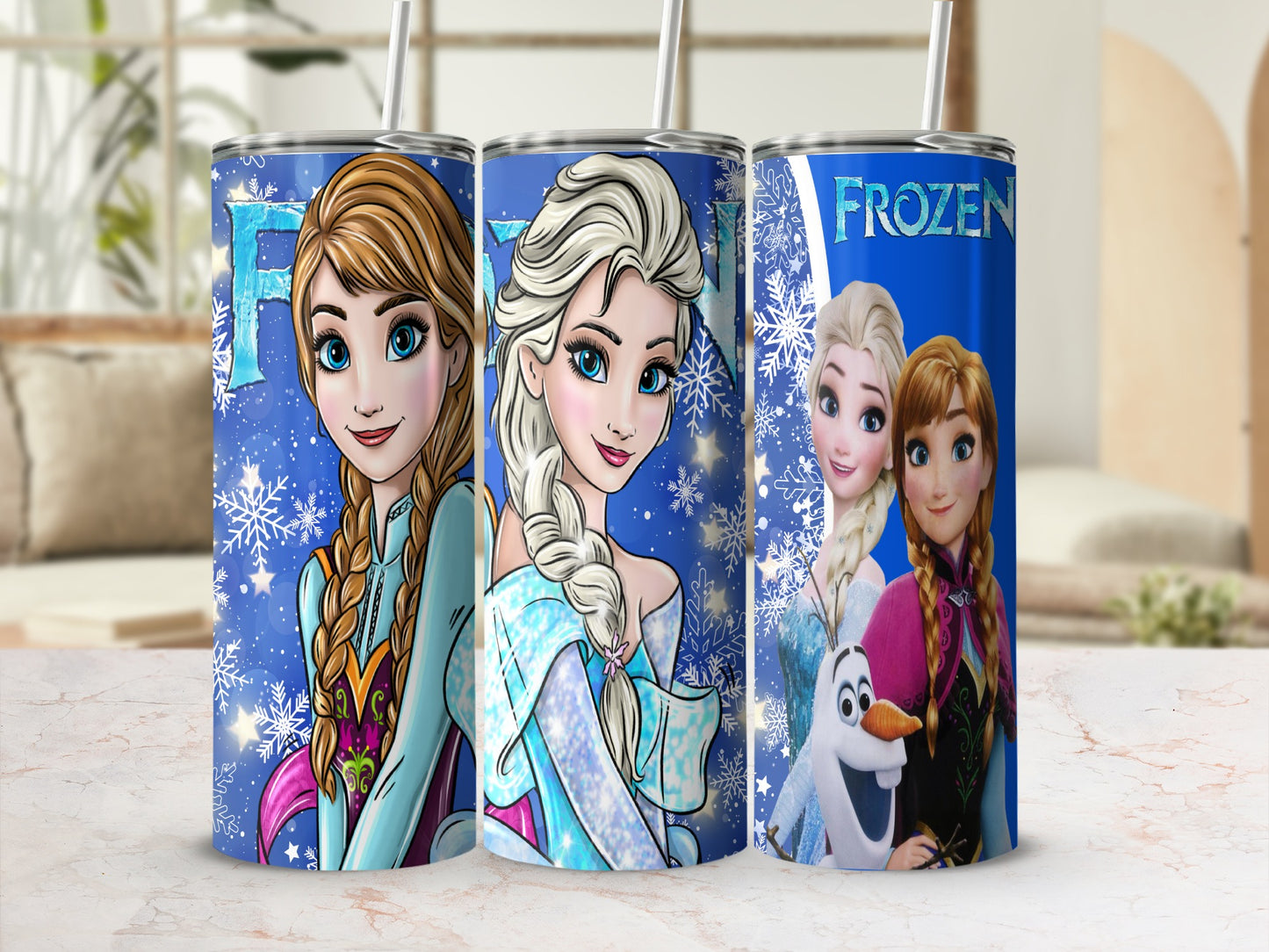 Elsa and Anna from Frozen on a blue tumbler with snowflakes.