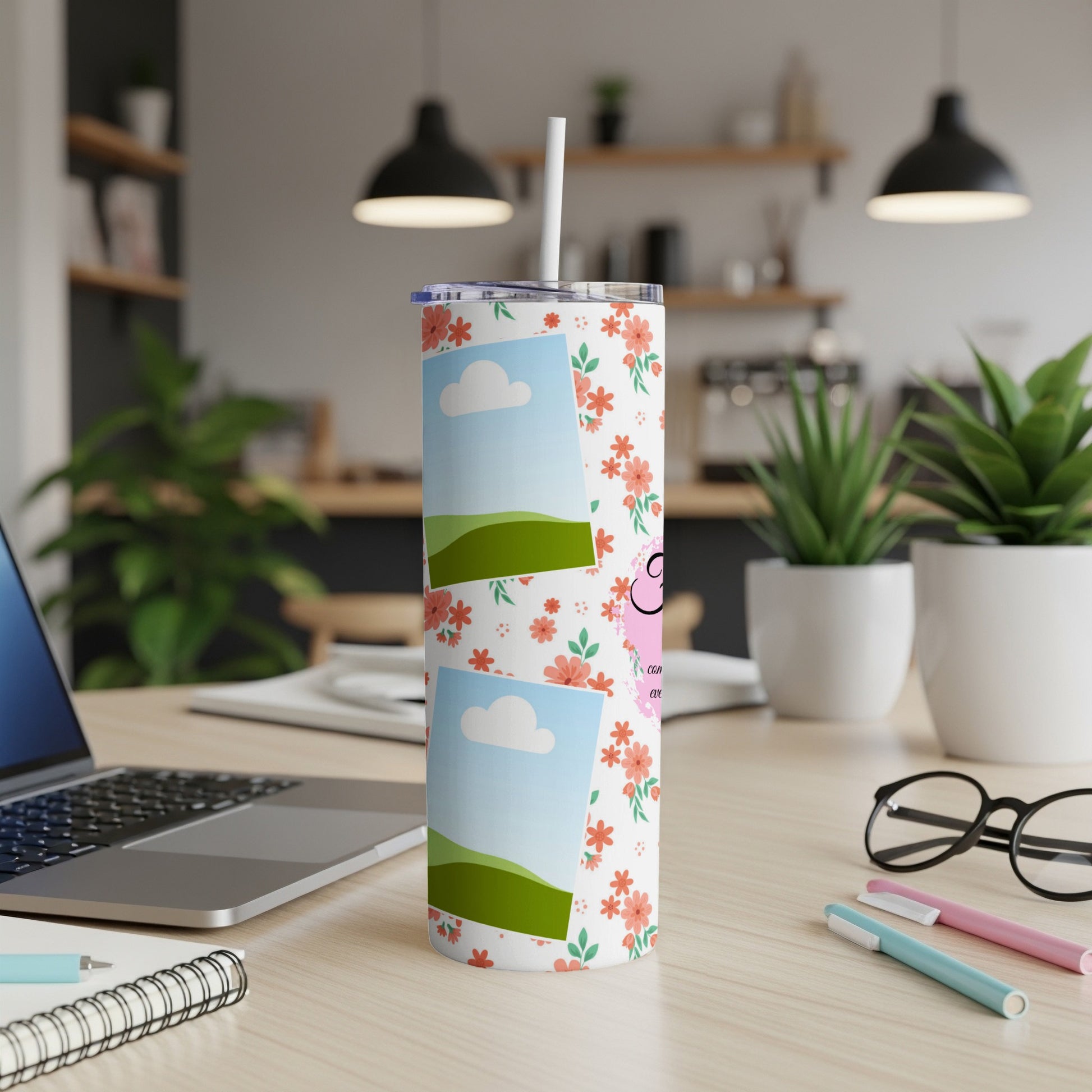 Tumbler with floral pattern and photo frames, includes a pink heart.