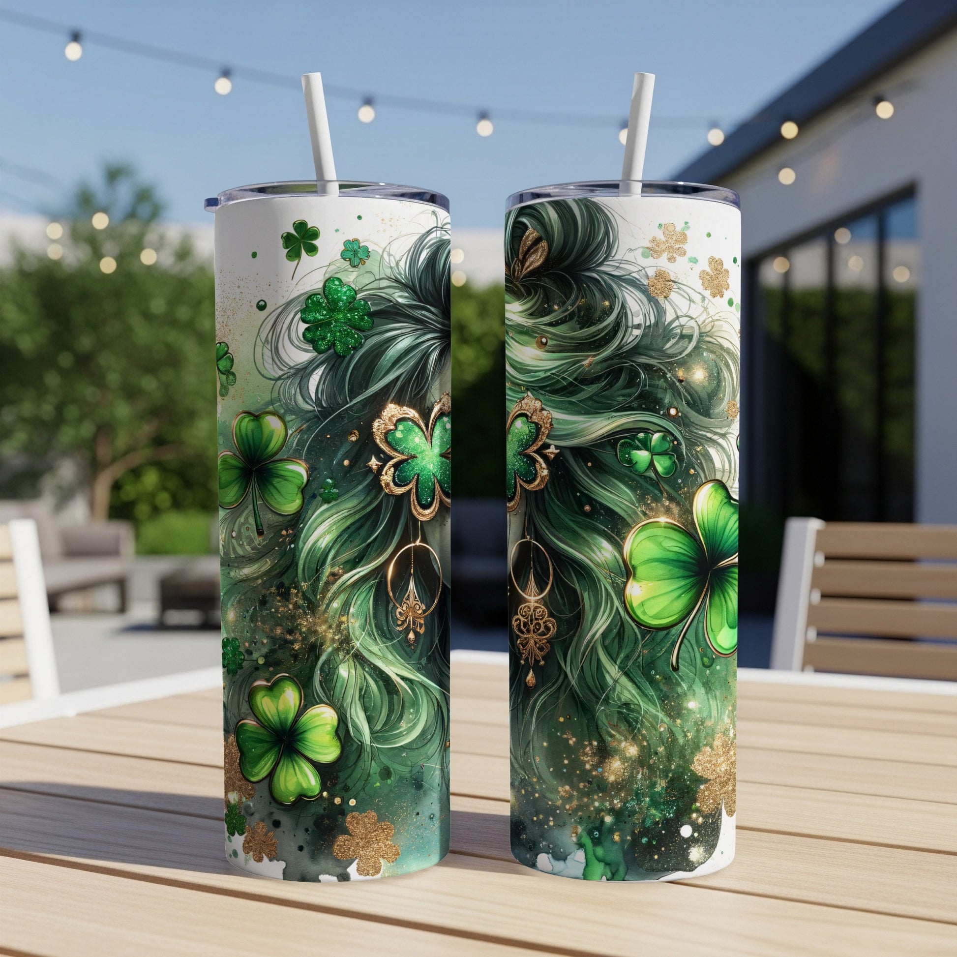 Two tall tumblers with St. Patrick's Day clover and glitter design.